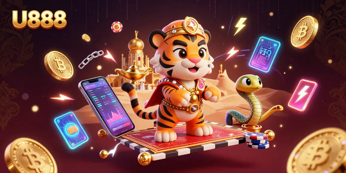 Experience U888's vibrant online casino realm with a colorful 3D Arabian-themed illustration.