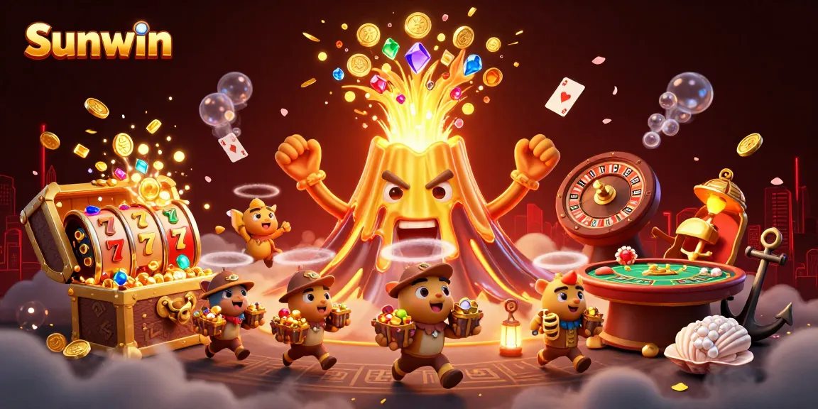 Sunwin showcases a triumphant golden volcano erupting coins amidst slot reels and vibrant casino elements.