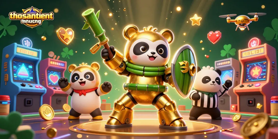 Engage with thosantienthuong in a vibrant 3D casino arcade, featuring a golden panda in mech-suit.