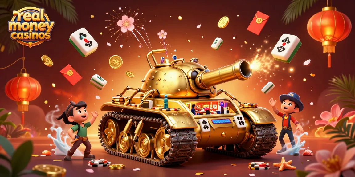 Experience the excitement of real money casinos with a golden beetle tank showcasing a mini casino.