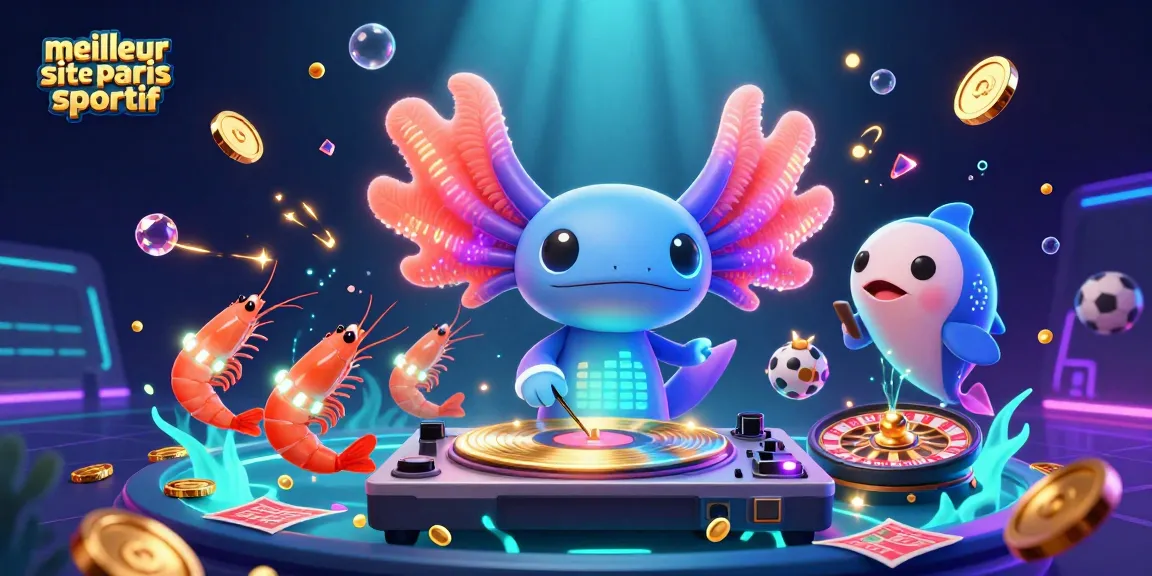 Plongez dans l'univers du meilleur site de paris sportif avec un DJ axolotl vibrant et des éléments de jeu captivants.