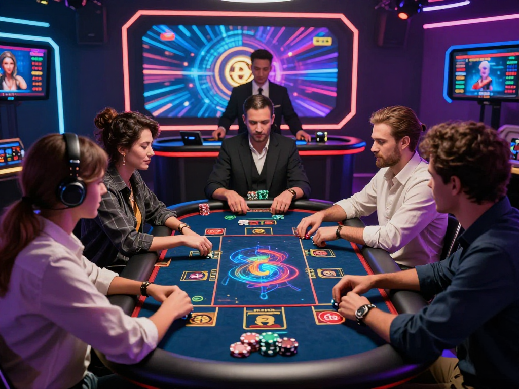 Exciting crypto casino environment with players engaging in digital gaming and neon lights.
