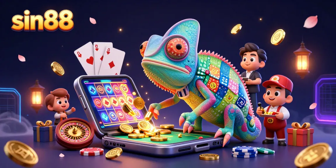 Experience thrilling gameplay at sin88 as a chameleon casino owner captures golden coins amidst vibrant casino elements.