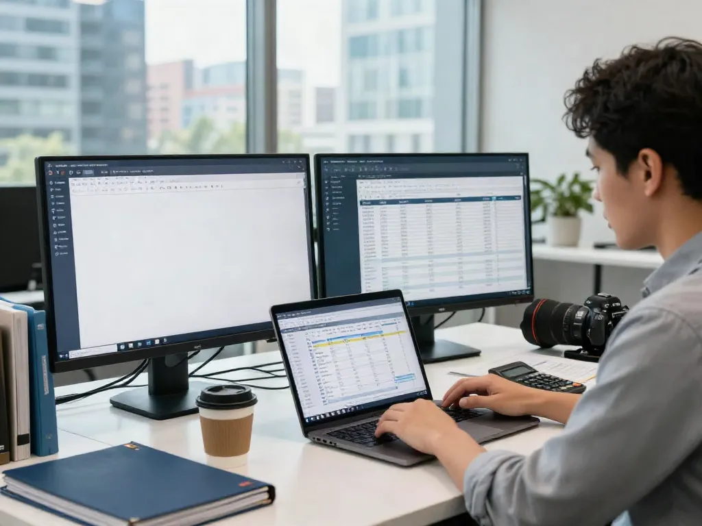 Tax preparer using professional tax software at a modern office desk with dual monitors.