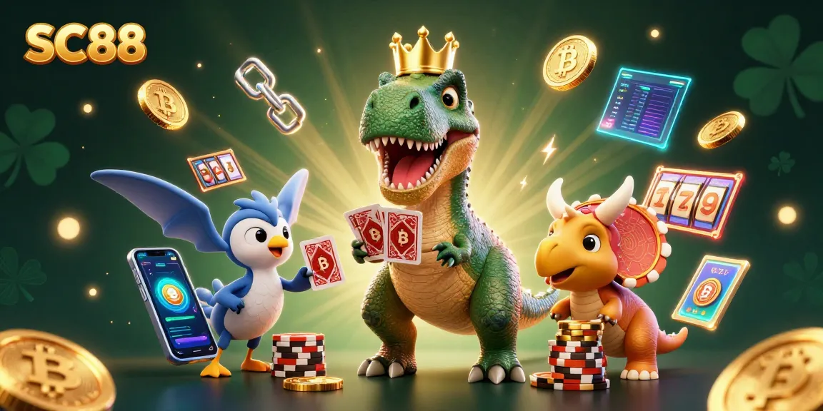 Engage with SC88 as cartoon characters shuffle cards and stack golden chips in a vibrant casino scene.