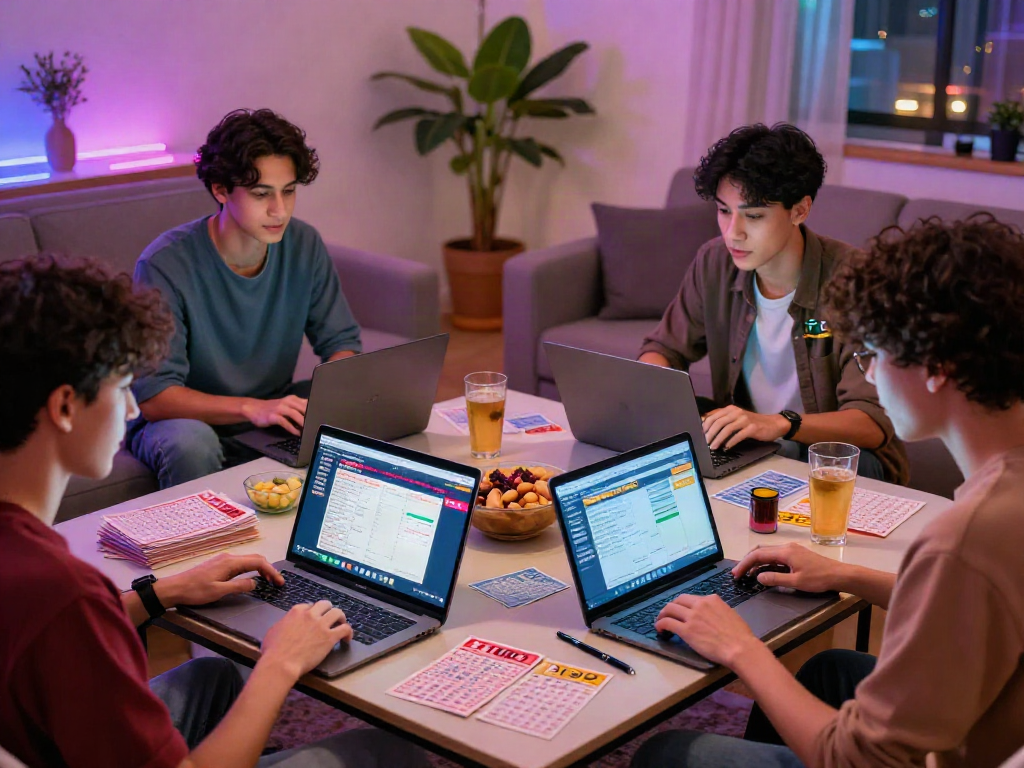 Engaged group enjoying togel online gaming with laptops and tickets in a cozy living room.