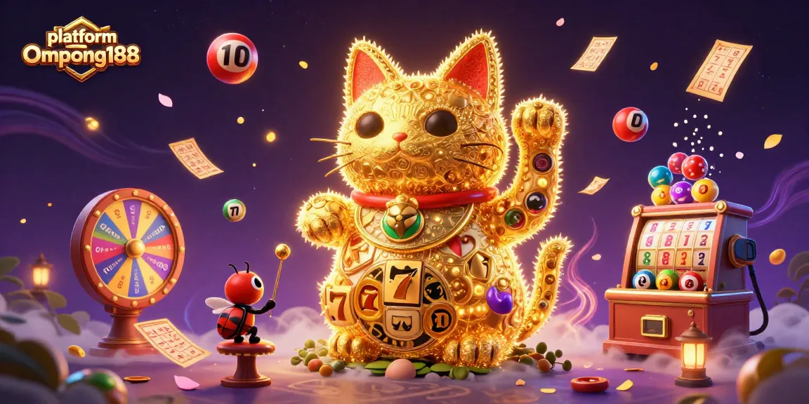 Gambarkan platform Ompong188 dengan simbol kasino dan efek lotere yang menyertainya dalam gambar penuh warna dan detail.