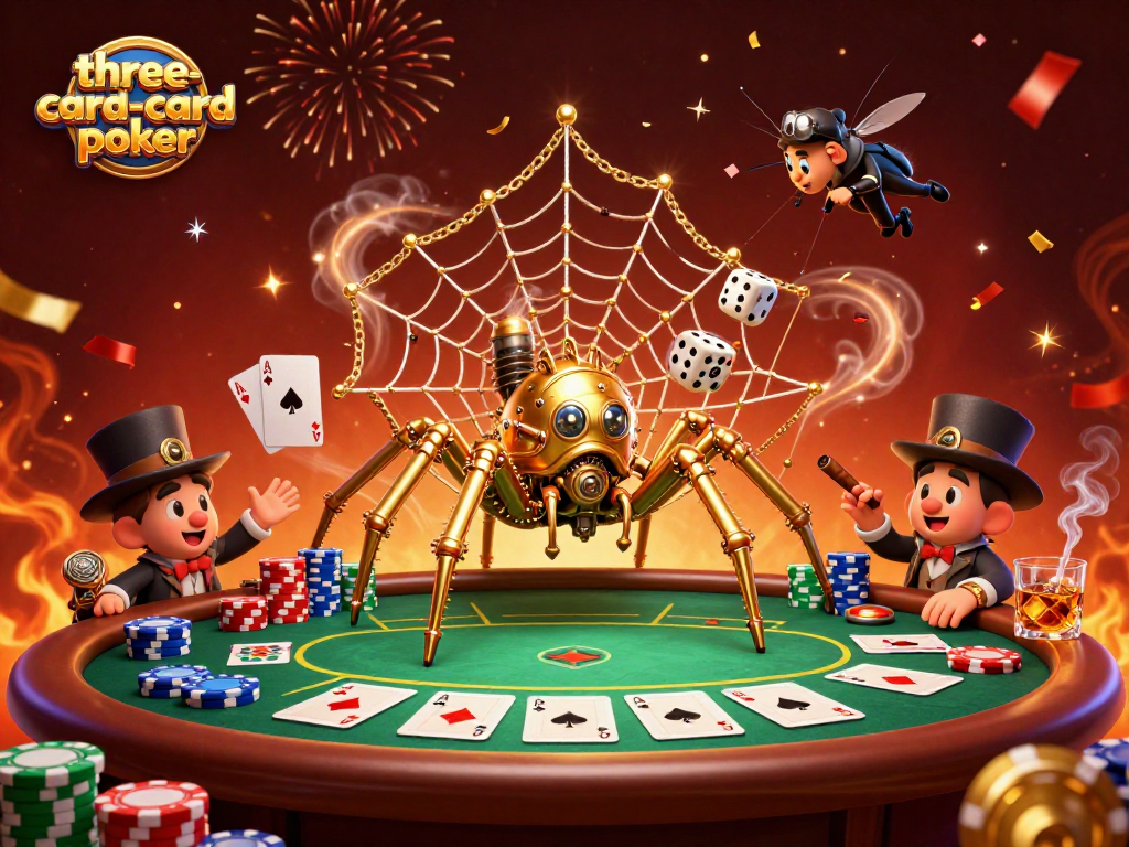 Experience thrilling three-card-poker action with a dynamic scene featuring a golden spider and poker elements.