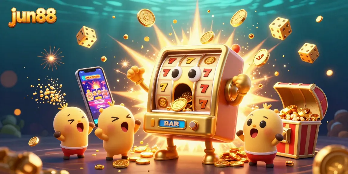 Experience the excitement of jun88 as the golden slot machine hits a jackpot, surrounded by cheering slots and festive games.