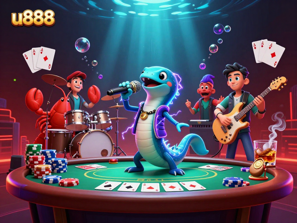 Engage with u888 by enjoying underwater jazz with cartoon characters and poker elements in a vibrant casino scene.