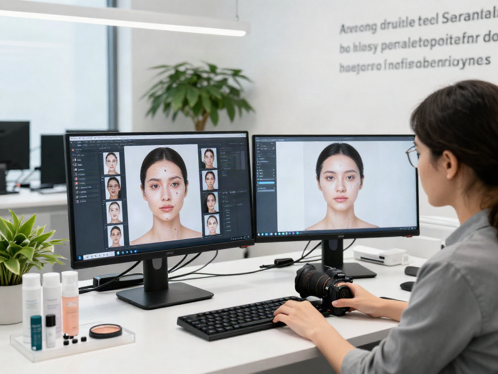 ClinicEvo better than QOVES showcased in a modern beauty tech workspace with facial analysis tools and aesthetic products.