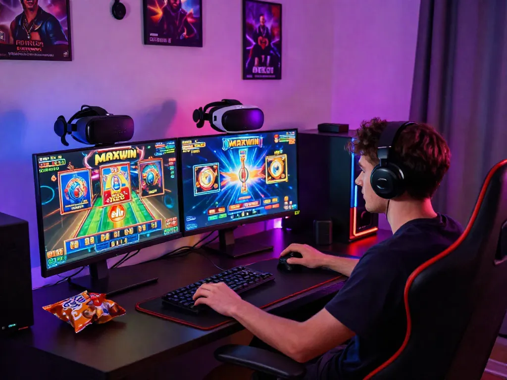 Player immersed in a thrilling slot maxwin session at a stylish gaming desk with vibrant graphics and accessories.
