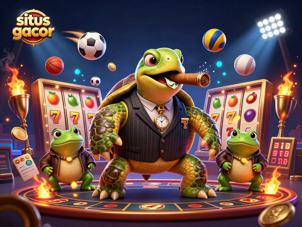 Engage in thrilling gaming at situs gacor with a mobster turtle and frog enforcers amid vibrant casino lights.