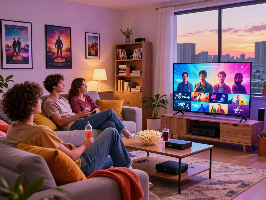 Friends enjoying cocoflix streaming content in a cozy living room.