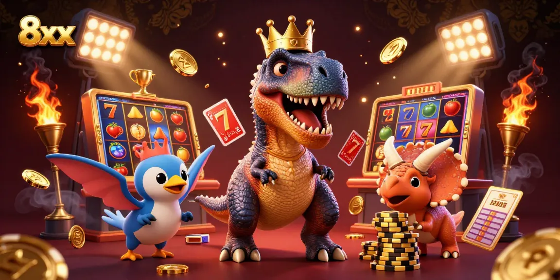 Bet on 8xx with a cartoon T-Rex shuffling cards and a triceratops stacking chips in a vibrant casino scene.