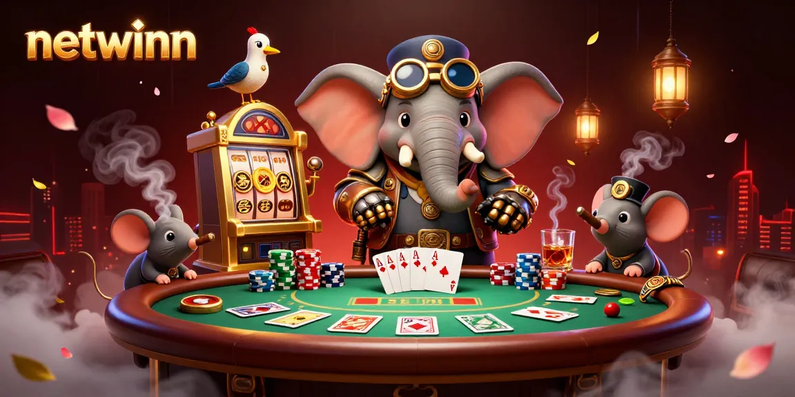 Engage with the vibrant netwinn scene featuring a steampunk elephant engineer at a golden slot machine, surrounded by poker elements.