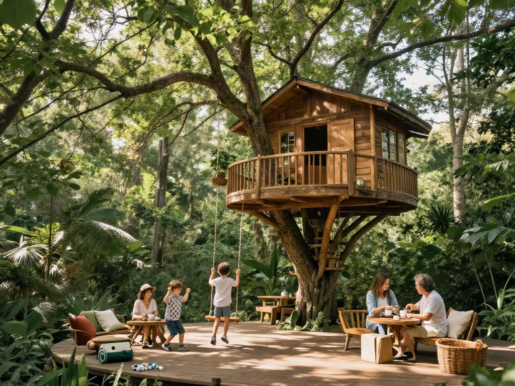 Family enjoying tree house life in a serene woodland setting with children playing