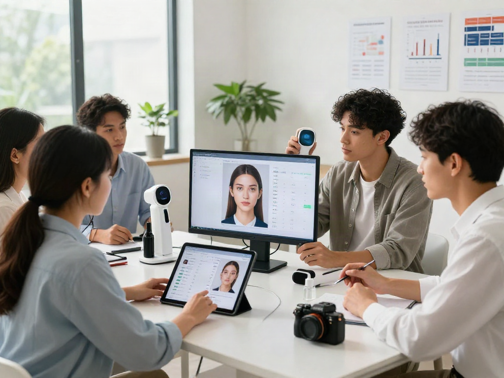Group analyzing test of attractiveness results on screens in a modern beauty studio.