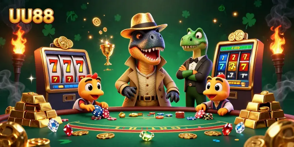 Experience thrilling moments at UU88 with a velociraptor gambler and casino elements.