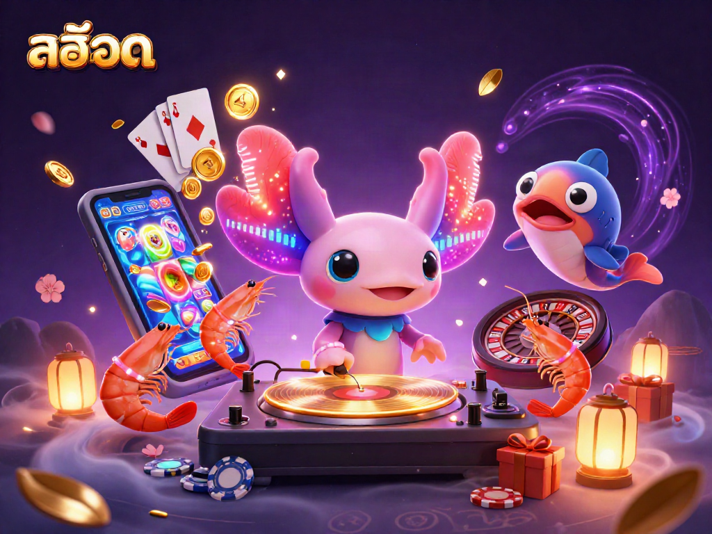 Engage in สล็อต action with vibrant 3D axolotl DJ and energetic carnival atmosphere.