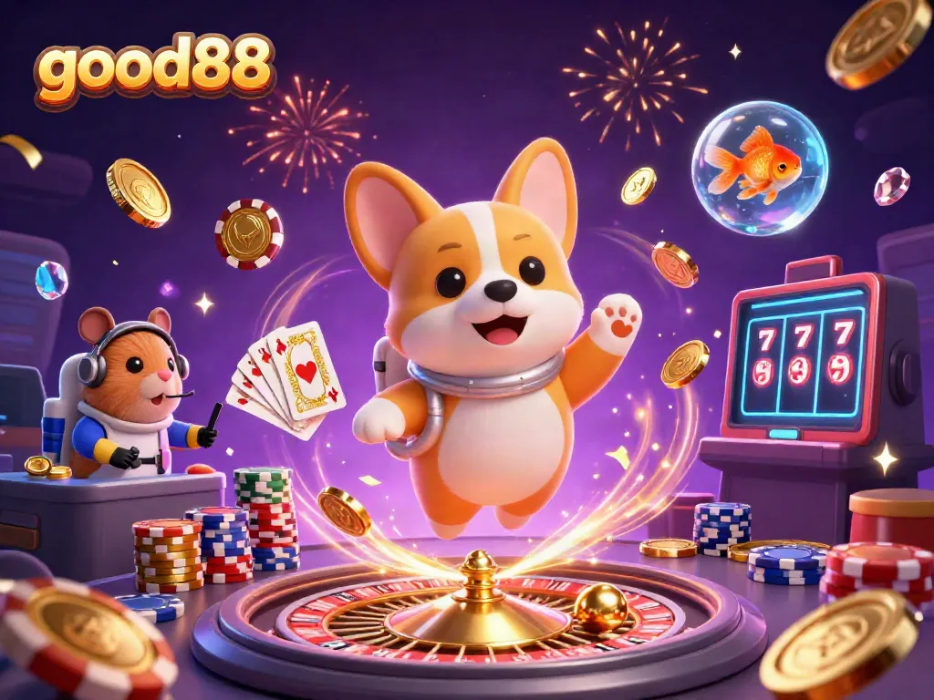 Experience the thrilling atmosphere of good88 in a 3D casino with a floating corgi, hamster, and goldfish