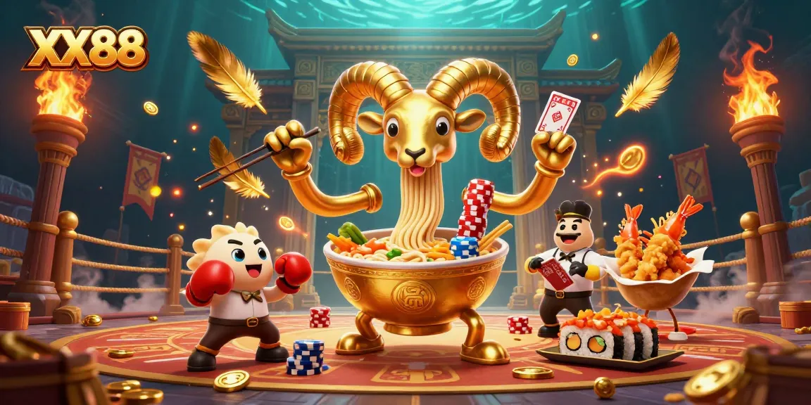 Experience the excitement of XX88 with a vibrant casino scene featuring a ramen bowl dealer and cheering characters.