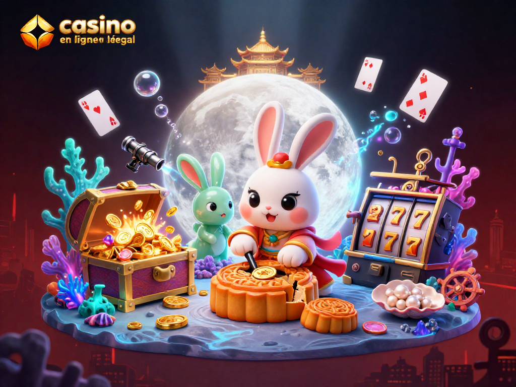 Illustration 3D de casino en ligne France légal avec un lapin lunaire et des éléments de jeux.