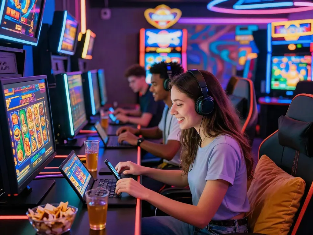 Diverse players joyfully engaging with slot games on laptops and smartphones, showcasing a colorful gaming atmosphere.