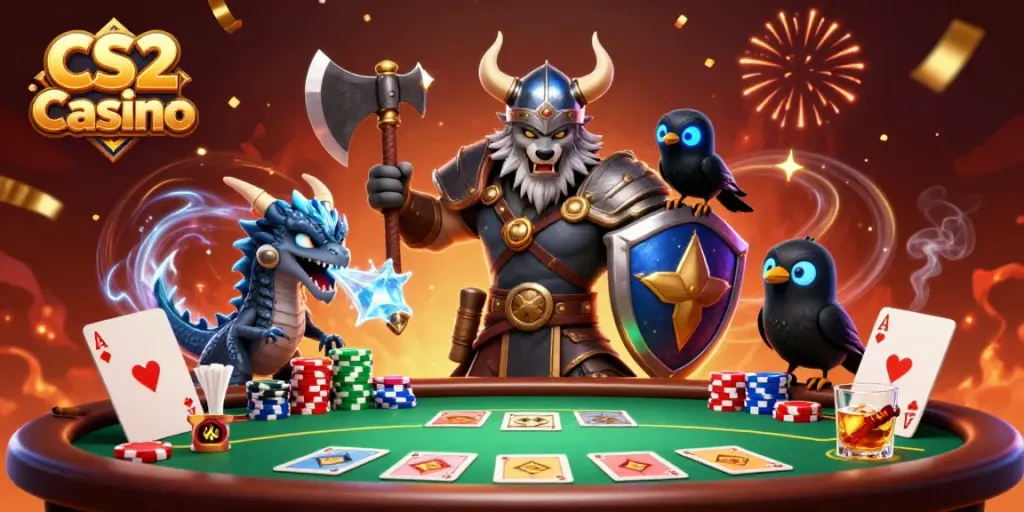 Watch the Viking wolf warrior and fierce dragon at the CS2 Casino, celebrating big poker wins.