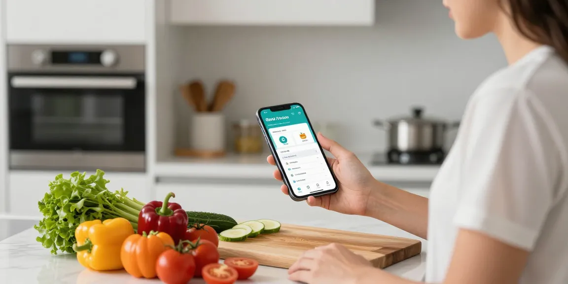Woman using the best calorie tracker app in a bright kitchen for meal prep