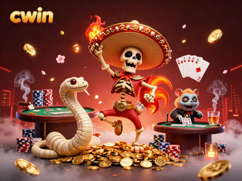 CWIN brings the excitement of online gambling alive in a vibrant casino-themed illustration.