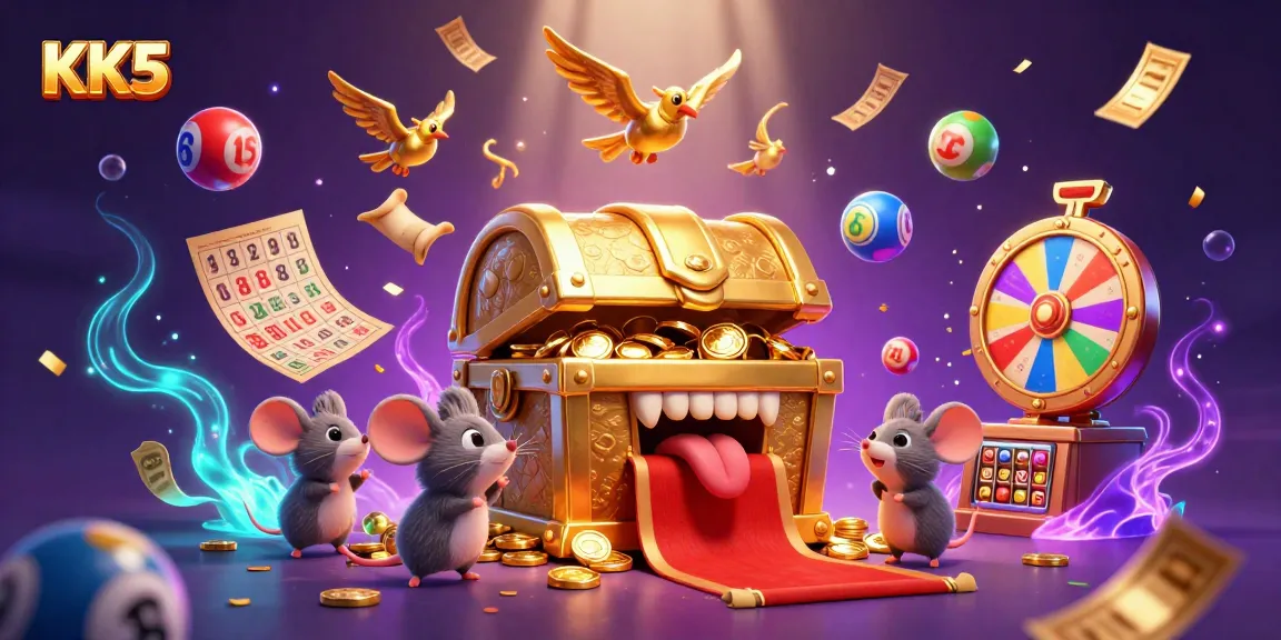 Win big with KK5: vibrant scene of a treasure chest and colorful lottery elements in a casino