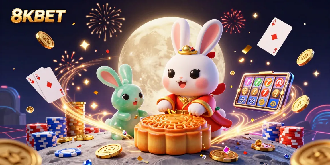 Experience the thrill with 8KBET as the moon rabbit reveals poker chips in a vibrant casino scene.