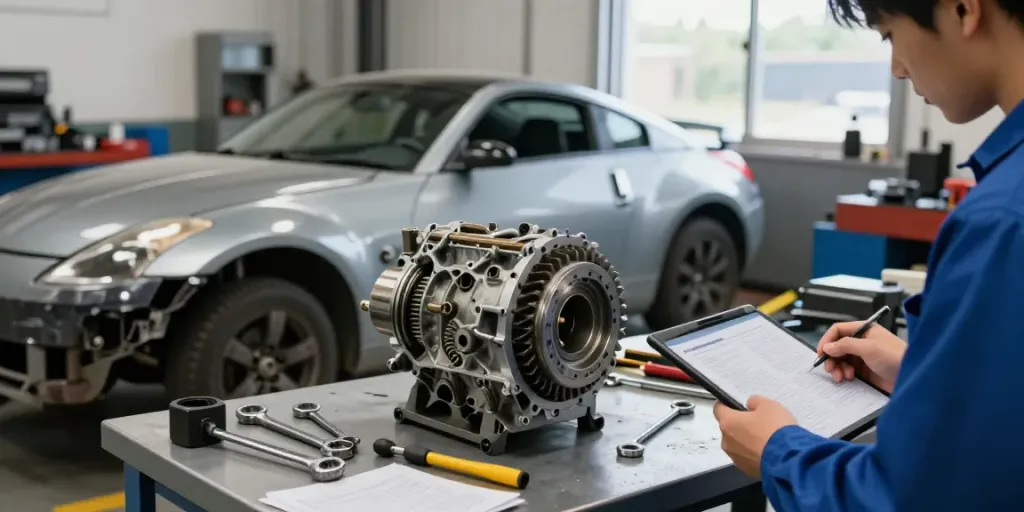 CD009 transmission for sale displayed in an automotive workshop setting, showcasing detailed inspection process by a technician.