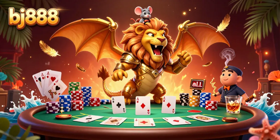 Win big with bj888's vibrant poker scene featuring an armored chimera and mouse jockey.