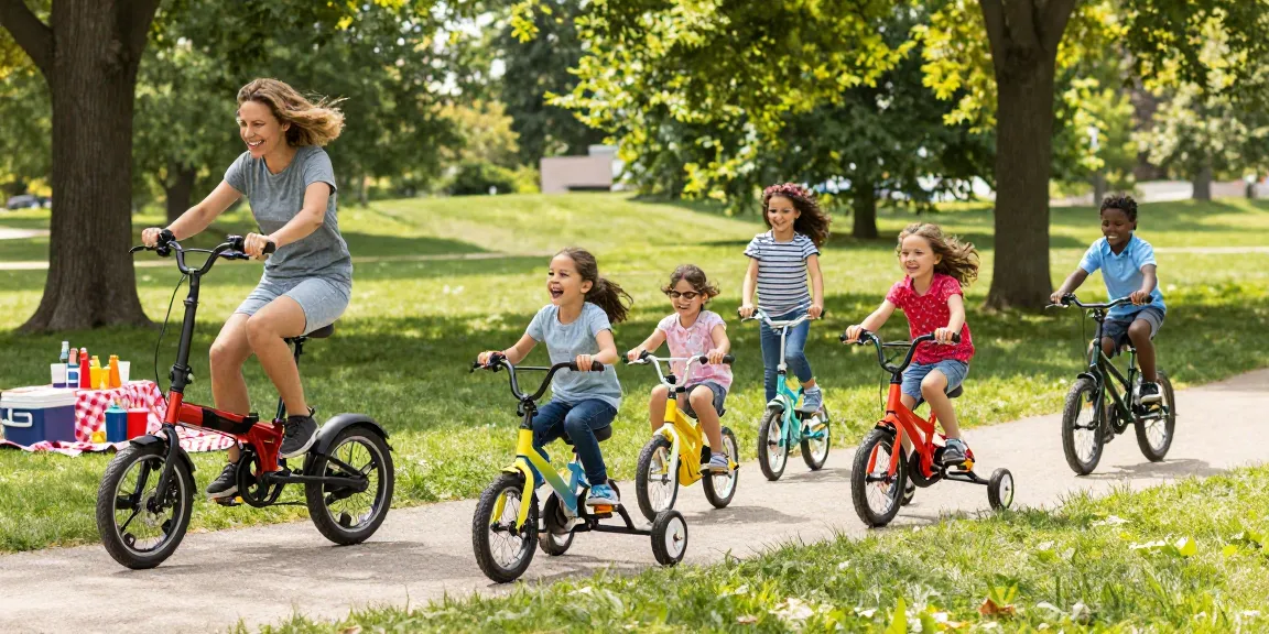 Family enjoying outdoor fun on electric and kids tricycles in the park