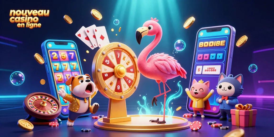 Nouveau casino en ligne : un flamant rose animateur de jeu avec chien bulldog et chat, entourés de jeux d'argent, jackpots et surprises.