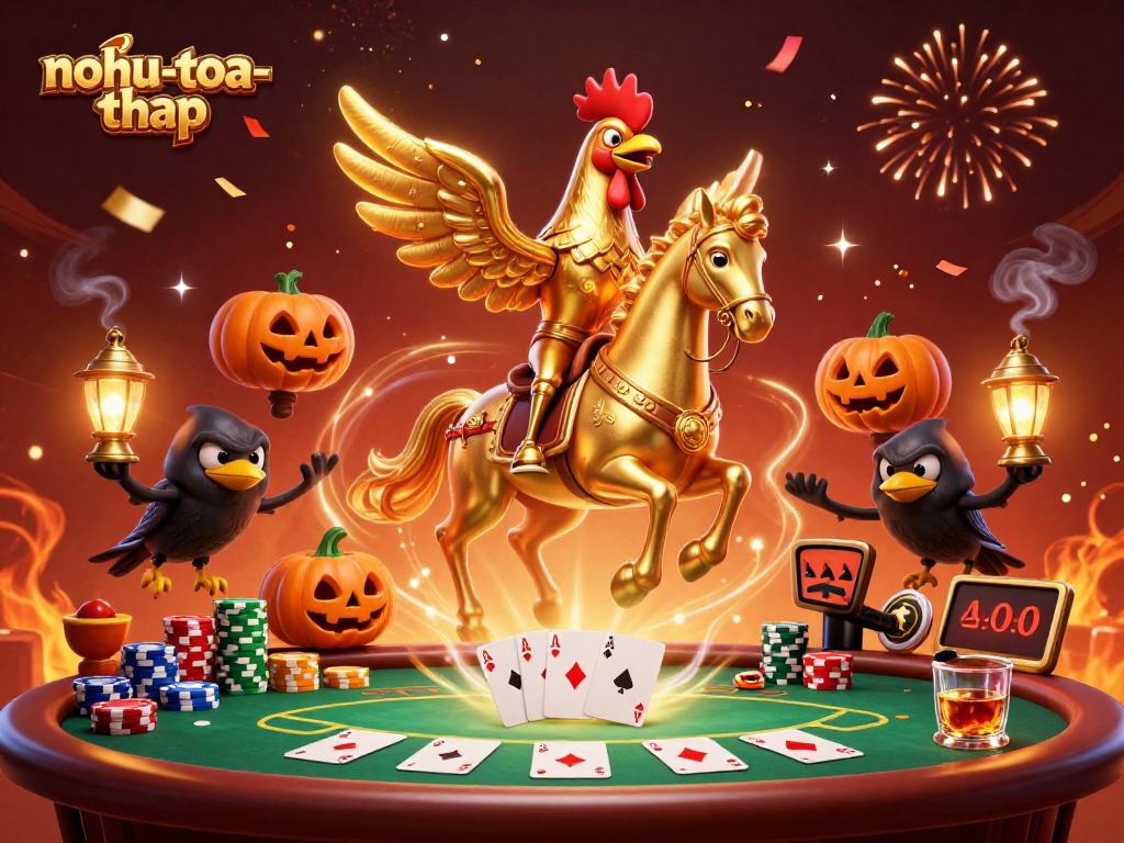This vibrant scene showcasing the nohu-toa-thap gaming experience features a golden rooster riding a spectral horse amidst dazzling casino elements.