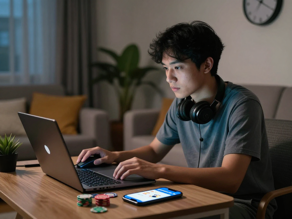Dewatogel player focused on online togel game in a cozy living room with modern décor.