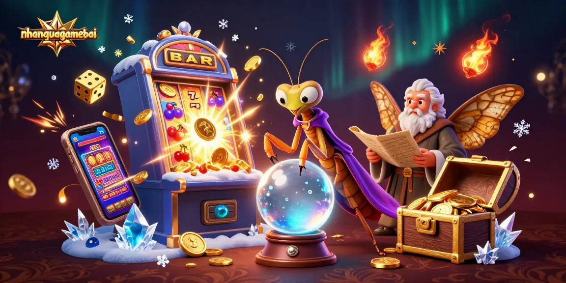 Engage with nhanquagamebai through this vibrant 3D illustration of a fortune teller and whimsical casino games.