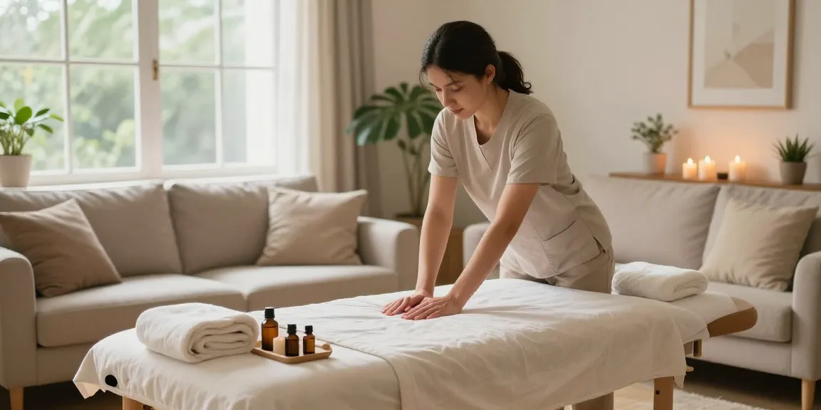 Relaxing home 출장안마 setting with therapist preparing massage table.