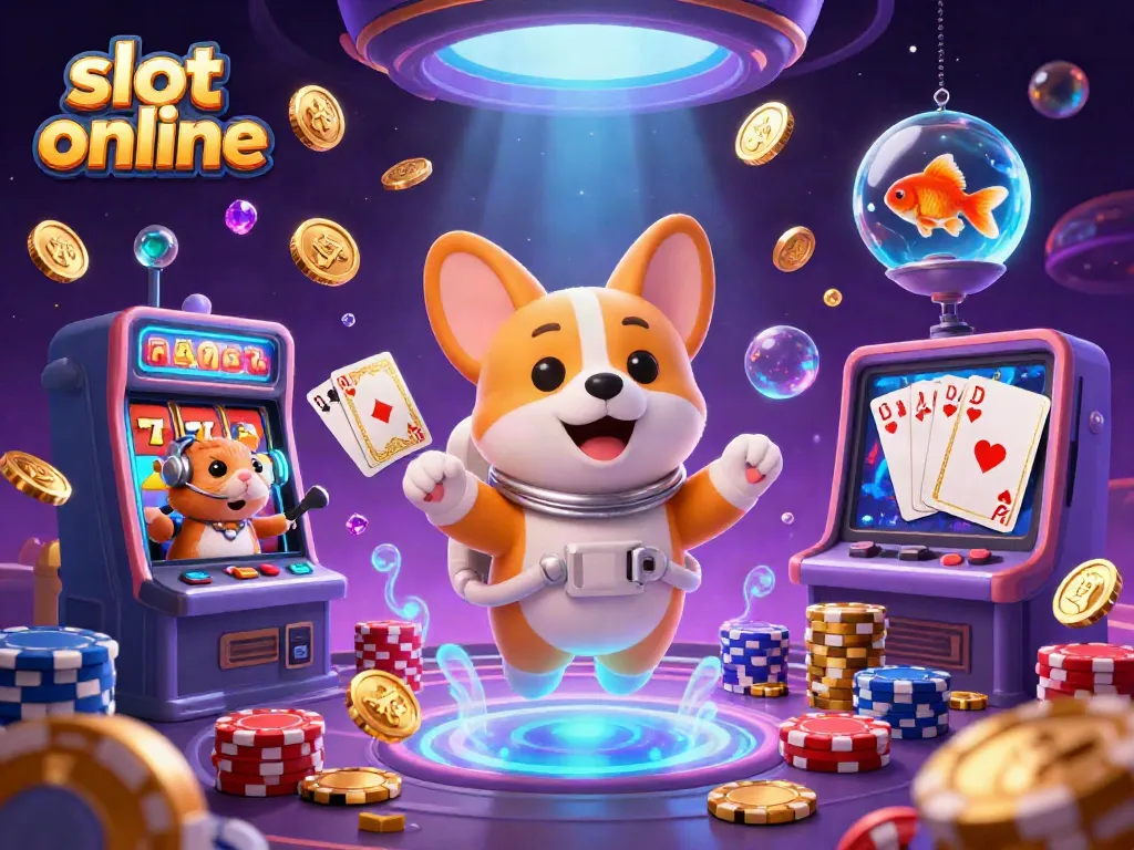 Play exciting slot online games in a vibrant 3D casino scene featuring a cartoon astronaut corgi!