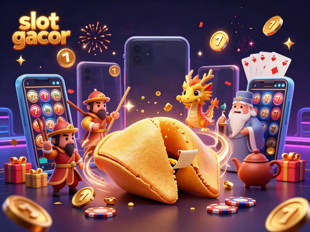 Engage with slot gacor through vibrant 3D illustration showcasing casino elements and characters.
