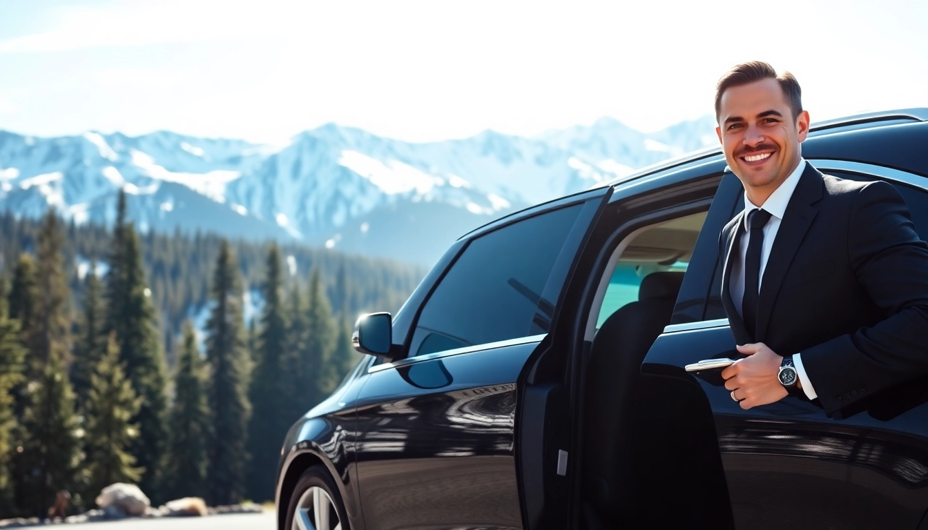 Luxury car service vancouver to whistler with chauffeur and mountain scenery in the background.