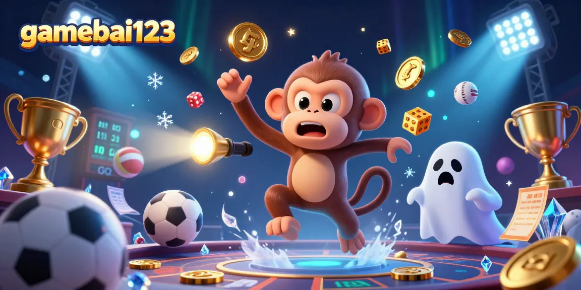 Engage with gamebai123 in a thrilling casino scene featuring golden-juggling ghosts and sports elements.