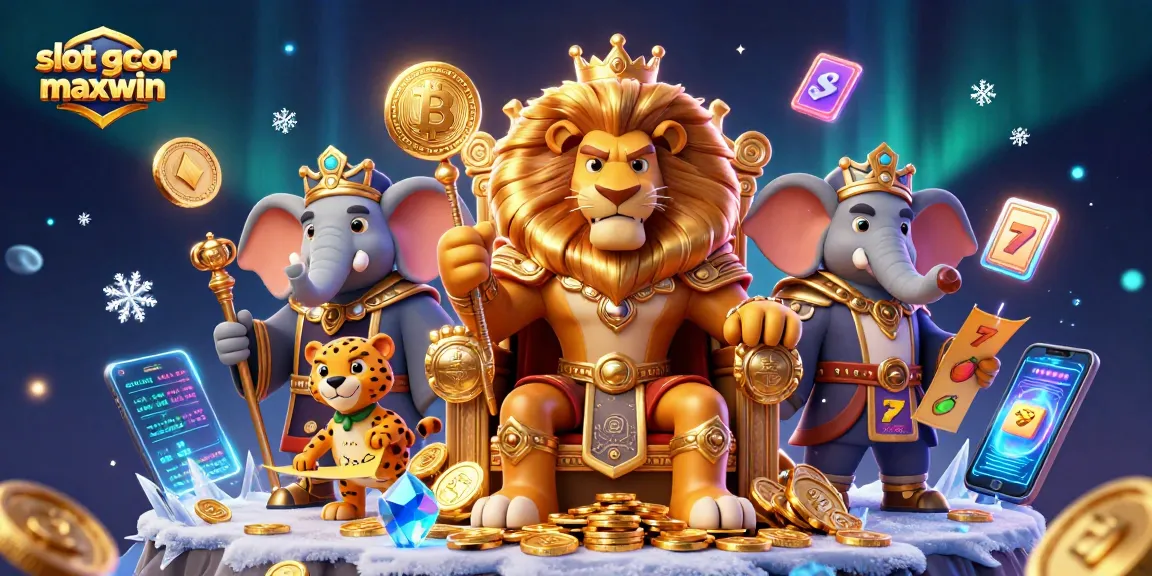 Spin to win with slot gacor maxwin: a fierce lion king and friends amidst vibrant casino elements.