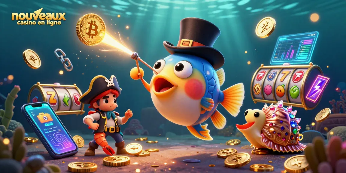 Visuel captivant sur les nouveaux casinos en ligne avec un poisson-lanterne et un camarade pirate, illustrant des jeux de casino.