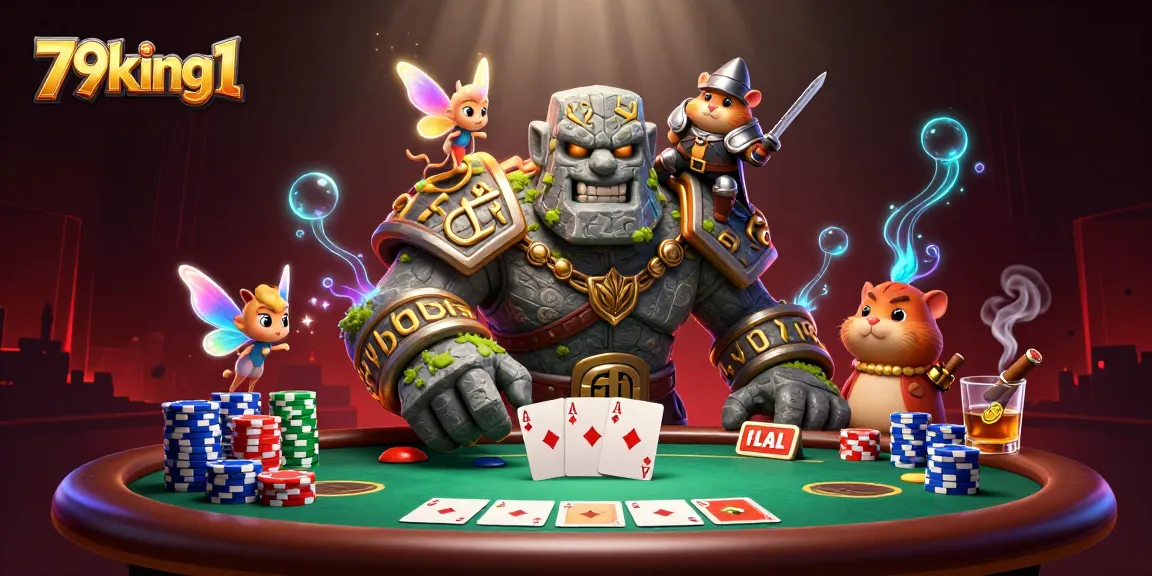 Engage in thrilling poker action at 79king1, where legendary characters and vibrant chips create a dynamic scene.