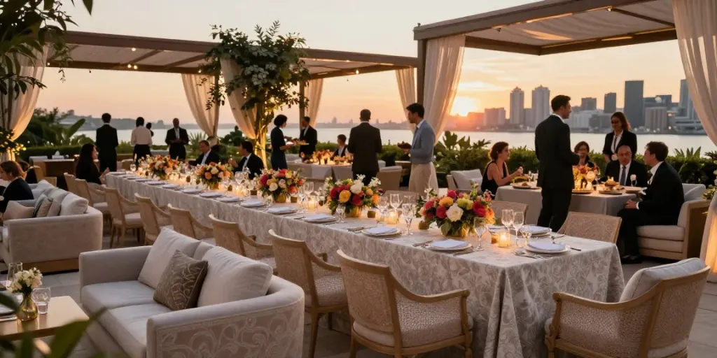 Event furniture rental in an elegant outdoor setting with luxurious lounge furniture and ambient lighting.