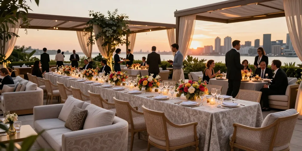 Event furniture rental in an elegant outdoor setting with luxurious lounge furniture and ambient lighting.